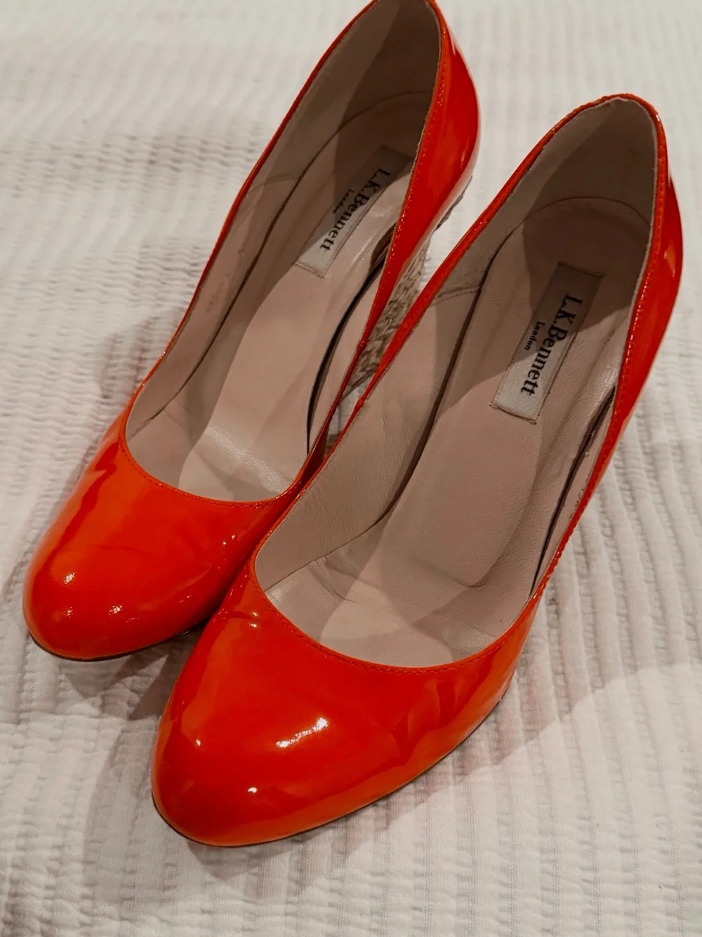 L.K. Bennett Maddox Patent Leather Woven Wedge Pumps - Orange/Red - EU Size 7